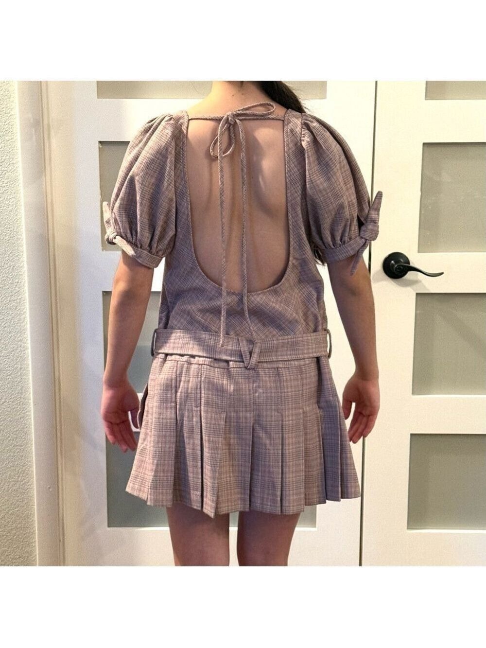 FREE PEOPLE Sevi Plaid Puff Sleeve Mini Dress with Belt. NWOT Size S - Picture 5 of 7
